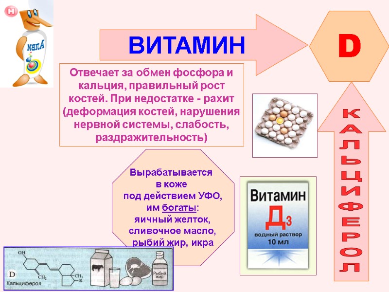 ВИТАМИН  D КАЛЬЦИФЕРОЛ Отвечает за обмен фосфора и кальция, правильный рост костей. При